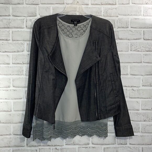 H for Halston Dark Grey Stretch Chambray Motorcycle Jacket Zippers Retro - Picture 6 of 6